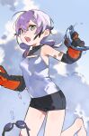  bandaid bare_legs blue_sky cascadia_(neural_cloud) clouds cloudy_sky fish folded_twintails girls&#039;_frontline_neural_cloud gloves green_eyes ierotak low_twintails mole mole_under_eye open_mouth orange_gloves purple_hair sharp_teeth sky swim_goggles swimsuit teeth twintails water_drop work_gloves 