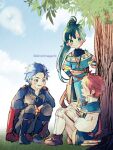  1girl 2boys against_tree blue_eyes blue_footwear blue_hair blue_sky boots brown_footwear cape closed_eyes closed_mouth clouds commentary_request eliwood_(fire_emblem) fire_emblem fire_emblem:_the_blazing_blade gold_trim green_eyes hand_on_own_hip hector_(fire_emblem) high_ponytail jewelry long_hair lyn_(fire_emblem) multiple_boys necklace open_mouth red_cape redhead shinchinagachi sitting sky smile squatting tree 