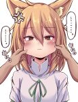  ... 1girl 1other anger_vein angry animal_ears annoyed blonde_hair blush cheek_pinching expressionless fox_ears fox_girl hair_between_eyes half-closed_eyes highres kudamaki_tsukasa looking_at_viewer medium_hair pinching siw0n solo_focus spoken_ellipsis staring tears touhou unamused upper_body white_romper yellow_eyes 