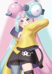  1girl bike_shorts blush bow-shaped_hair character_hair_ornament els_(ljhlee12) hair_ornament hand_up highres iono_(pokemon) jacket long_hair looking_at_viewer multicolored_hair open_mouth oversized_jacket pokemon pokemon_sv single_leg_pantyhose sleeves_past_fingers sleeves_past_wrists smile solo star_(symbol) star_print teeth thigh_strap twintails two-tone_hair upper_teeth_only yellow_jacket 