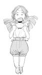  1girl clenched_hands collarbone floating_hair frills full_body gakuen_idolmaster gathers greyscale hands_up high-waist_shorts highres idolmaster jumping kuramoto_china looking_at_viewer monochrome motion_lines nervous_sweating open_mouth parted_bangs puffy_shorts scoop_neck screentones shirt_tucked_in short_sleeves shorts simple_background solo sweat uchu_nabe v-shaped_eyebrows wide-eyed 
