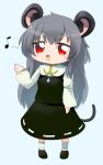 1girl alternate_hair_length alternate_hairstyle animal_ear_fluff animal_ears black_footwear black_skirt black_vest blue_background blush capelet commentary_request cookie_(touhou) crystal full_body grey_hair highres jewelry lets0020 long_hair long_sleeves looking_at_viewer medium_bangs mouse_ears mouse_girl mouse_tail musical_note nazrin nyon_(cookie) open_mouth pendant red_eyes shirt shoes sidelocks simple_background skirt smile socks solo standing tail touhou vest white_capelet white_shirt white_socks 
