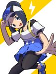  1girl :d absurdres bettie_(pokemon) black_eyes black_hair blue_footwear blue_hat commentary_request hair_bun hat highres leggings_under_shorts looking_at_viewer open_mouth pokemon pokemon_masters_ex shio_onigiri shirt shorts smile solo two-tone_background white_background white_shirt yellow_background 