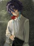  1boy artist_name black_pants blue_hair blush closed_eyes closed_mouth collar collared_shirt flower genshin_impact highres holding holding_flower instagram_logo instagram_username kamiiart male_focus pants puffy_sleeves shirt spider_lily twitter_logo twitter_username venti_(genshin_impact) white_shirt 