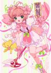  1girl absurdres bloomers boots bow brown_hair cardcaptor_sakura cherry_blossoms clow_card flower flower_skirt fuuin_no_tsue gloves green_eyes hair_flower hair_ornament highres kinomoto_sakura kisumi_rei looking_at_viewer multicolored_clothes open_mouth pink_fox_(sasaame) pink_gloves puffy_short_sleeves puffy_sleeves short_hair short_sleeves striped_background suspenders white_bloomers winged_footwear 