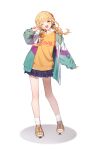  1girl absurdres ando_(user_hyza3545) bare_legs blonde_hair blue_skirt blush braid commentary_request fujita_kotone full_body gakuen_idolmaster hair_ribbon head_tilt highres idolmaster jacket long_hair looking_at_viewer multicolored_clothes multicolored_jacket open_clothes open_jacket plaid plaid_skirt pleated_skirt ribbon shirt shoes simple_background skirt smile sneakers socks solo twin_braids w white_background white_socks yellow_eyes yellow_shirt 