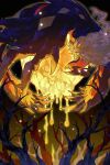  beak bird claws commentary_request dark_background glowing highres pokemon pokemon_(creature) solo tree upside-down wings withered wulie_errr yveltal 