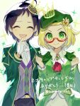  1boy 1girl :d ahoge ascot belt belt_buckle bianca_(champion)_(pokemon) bianca_(pokemon) black_hair blonde_hair blush buckle cheren_(champion)_(pokemon) cheren_(pokemon) closed_eyes closed_mouth coat commentary_request eyelashes glasses gloves green_coat green_eyes green_hat hands_up happy hat highres looking_at_viewer official_alternate_costume open_clothes open_coat open_mouth pants pokemon pokemon_masters_ex red-framed_eyewear semi-rimless_eyewear shirt short_hair smile sparkle sumeragi1101 teeth tie_clip translation_request twitter_username upper_teeth_only vest white_ascot white_background white_gloves white_shirt 