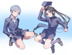  &gt;:) 2boys :&lt; ankle_socks black_footwear black_shorts black_socks blue_background blush buttoned_cuffs buttons clenched_hand collarbone floating_clothes floating_hair frown full_body gakuran gradient_background grey_hair hands_in_pockets hat highres holding holding_clothes holding_hat houjou_tokiyuki_(nige_jouzu_no_wakagimi) kneehighs legs_up light_particles long_hair looking_at_viewer low-tied_long_hair male_focus military_hat multiple_boys nezu_kojirou nige_jouzu_no_wakagimi official_alternate_costume open_collar otoko_no_ko parted_bangs ponytail saba_miso sanpaku school_uniform shirt short_hair shorts sidelocks_tied_back simple_background smile socks v-shaped_eyebrows very_long_hair very_short_hair white_background white_shirt white_socks 