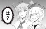  2girls anger_vein bow bowtie clenched_teeth collared_shirt commentary_request fang greyscale hair_between_eyes half_updo horn_bow horn_ornament horns ibuki_suika jealous medium_bangs mizuhashi_parsee monochrome multiple_girls oni_tama paru_paru pointy_ears scarf shirt short_hair short_ponytail sidelocks teeth touhou translation_request upper_body 