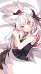  1girl :d animal_ears bare_arms bare_shoulders beret black_bow black_dress black_hat bow commission copyright_request daidai_ookami dress fox_ears fox_girl fox_tail frilled_dress frills grey_background grey_hair hands_up hat highres kitsune long_hair looking_at_viewer looking_to_the_side multicolored_hair own_hands_together red_eyes redhead skeb_commission sleeveless sleeveless_dress smile solo streaked_hair tail two-tone_background very_long_hair white_background 