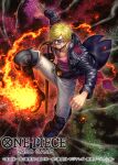 1boy belt blonde_hair boots cigarette clenched_hand commentary_request copyright_name curly_eyebrows epaulettes fire incoming_attack looking_at_viewer male_focus official_art one_piece one_piece_card_game pants pink_shirt sanji_(one_piece) shirt short_hair smoke solo sunglasses sword tatsuya_(atelier_road) thigh_boots tinted_eyewear torn_clothes torn_pants weapon white_pants 