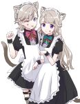  1boy 1girl alternate_costume animal_ears apron aqua_bow aqua_bowtie black_dress bow bowtie breasts brother_and_sister brown_bow brown_bowtie cat_ears cat_girl cat_tail chame_gnsn crossdressing dress enmaided expressionless facial_mark frilled_wrist_cuffs frills garter_straps genshin_impact grey_hair grey_thighhighs hand_on_another&#039;s_shoulder highres kemonomimi_mode long_hair looking_at_viewer lynette_(genshin_impact) lyney_(genshin_impact) maid maid_apron maid_headdress male_maid one_eye_closed paw_pose puffy_short_sleeves puffy_sleeves red_bow red_bowtie short_hair short_sleeves siblings small_breasts smile star_(symbol) star_facial_mark tail teardrop_facial_mark thigh-highs tongue tongue_out violet_eyes white_apron white_background wrist_cuffs 
