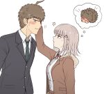  1boy 1girl ahoge black_jacket black_necktie blush brown_hair brown_jacket danganronpa_(series) danganronpa_3_(anime) dress_shirt formal galaga headpat hedgehog hinata_hajime hood hood_down hope&#039;s_peak_academy_school_uniform jacket kmnm_1403 light_brown_hair medium_hair nanami_chiaki neck_ribbon necktie open_clothes open_jacket red_ribbon ribbon school_uniform shirt short_hair simple_background spoken_animal sweatdrop thought_bubble upper_body white_background white_shirt 