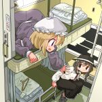  2girls bed black_hat black_sleeves blonde_hair blush brown_eyes brown_hair brown_necktie bunk_bed closed_mouth clothes_hanger collared_shirt commentary_request curtains dress frilled_skirt frills hat indoors kasuya_baian long_sleeves looking_at_another maribel_hearn medium_hair multiple_girls necktie on_bed open_mouth partial_commentary purple_dress shirt sitting skirt smile touhou usami_renko violet_eyes white_mob_cap white_shirt window 