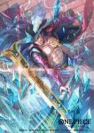  1boy bisaiiiii coat copyright_name cross_pendant dracule_mihawk english_commentary facial_hair hat_feather holding holding_sword holding_weapon ice long_coat long_sleeves looking_ahead male_focus muscular muscular_male mustache official_art one_piece one_piece_card_game short_hair solo sword weapon 