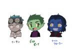  3boys arknights beast_boy_(dc) blue_hair blue_skin blush buchi0122 chameleon_boy character_name chibi colored_skin commentary_request dc_comics ear_piercing ethan_(arknights) facial_hair fang goatee goggles goggles_on_head green_eyes green_hair green_skin grey_eyes grey_jacket highres jacket looking_at_viewer looking_to_the_side male_focus marvel multiple_boys nightcrawler open_mouth oversized_zipper piercing pointy_ears smile teen_titans translated upper_body white_background x-men yellow_eyes 