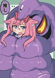  1girl @_@ absurdres agnes_digital_(umamusume) animal_ears arbok awaji_(hotel_kyuu_awaji) blue_eyes bow commentary commission constriction crossover ears_down fang hair_between_eyes highres horse_ears horse_girl meme neta pink_hair pokemon purple_sailor_collar red_bow sailor_collar school_uniform skeb_commission thought_bubble tracen_school_uniform two_side_up umamusume winter_uniform 