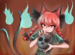  1girl animal_ears braid brown_background cat_ears cat_girl cat_tail commentary highres holding holding_skull kaenbyou_rin looking_at_viewer maref medium_hair multiple_tails red_nails redhead short_sleeves side_braids signature skull solo tail touhou twin_braids two_tails upper_body 