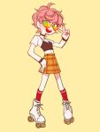  1girl black_choker choker commentary_request cropped_shirt full_body green_eyes hand_on_own_hip heart heart-shaped_eyewear highres jojo_no_kimyou_na_bouken midriff miniskirt orange_skirt pink_hair plaid plaid_skirt red_socks roller_skates sempon_(doppio_note) short_hair skates skirt socks solo sunglasses trish_una v vento_aureo wristband 