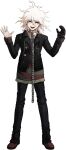  1boy :d alternate_costume black_jacket black_pants chain chomaeki collar danganronpa_(series) danganronpa_2:_goodbye_despair danganronpa_3_(anime) gloves highres jacket komaeda_nagito long_sleeves looking_at_viewer medium_hair messy_hair metal_collar official_alternate_costume open_mouth pants red_footwear servant_(danganronpa) shirt shoes single_glove smile sneakers solo striped_clothes striped_gloves striped_shirt third-party_edit 