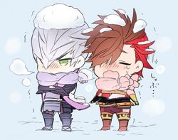  2boys armor blue_background blush brown_hair chibi chibi_only crossed_arms crying green_eyes grey_hair hair_over_one_eye icicle ishida_mitsunari_(sengoku_basara) japanese_armor kkkaaaayyy male_focus multicolored_hair multiple_boys pink_scarf purple_scarf redhead scarf sengoku_basara shima_sakon_(sengoku_basara) simple_background snow snow_on_head two-tone_hair v-shaped_eyebrows 