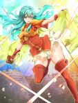  1girl aqua_hair armor blue_eyes blue_hair breastplate cape clear_glass_(mildmild1311) dutch_angle earrings eirika_(fire_emblem) fingerless_gloves fire_emblem fire_emblem:_the_sacred_stones fortress gloves highres holding holding_rapier holding_sword holding_weapon jewelry long_hair looking_at_viewer miniskirt open_mouth rapier red_gloves red_shirt shirt short_sleeves shoulder_armor skirt smile solo sword thick_thighs thigh-highs thighs weapon white_skirt wind wind_lift yellow_cape zettai_ryouiki 