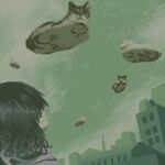  1girl animal black_hair building cat city daisen_(specialdaisen) dithering floating grey_theme looking_down looking_up original overcast oversized_animal pixel_art scenery sky solo 