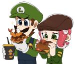  1boy 1girl blue_eyes blue_overalls blue_shirt blush_stickers brown_hair brown_hat burger commentary_request cup curry disposable_cup drinking_straw eating facial_hair food food_in_mouth gloves green_eyes green_hat green_shirt green_sweater hands_up hat highres holding holding_cup holding_food long_sleeves luigi medium_hair mimimi_(mimimim9999) motion_lines mustache octoling octoling_girl octoling_player_character overalls pink_hair pink_nails shirt short_hair shrimp shrimp_tempura simple_background splatoon_(series) star_(symbol) suction_cups super_mario_bros. super_nintendo_world sweater tempura tentacle_hair upper_body v-shaped_eyebrows waffle white_background white_gloves 