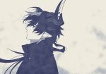  1boy arknights chong_yue_(arknights) closed_mouth dragon_boy dragon_horns earrings floating_hair high_collar highres horns jewelry long_hair looking_to_the_side low_ponytail male_focus monochrome multicolored_hair nills pointy_ears solo streaked_hair upper_body wind 