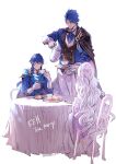  1girl 2boys blue_hair chair closed_eyes copyright_name cup deirdre_(fire_emblem) father_and_son fire_emblem fire_emblem:_genealogy_of_the_holy_war fire_emblem_heroes holding holding_cup long_hair mother_and_son multiple_boys nanathuika official_alternate_costume pink_hair ponytail seliph_(fire_emblem) short_hair sigurd_(fire_emblem) sigurd_(tea_party)_(fire_emblem) simple_background sitting table teacup very_long_hair wavy_hair white_background 