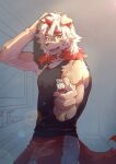  1boy amber_eyes arknights arm_up bathroom black_shirt colored_tips drying drying_hair english_commentary enmapsycho fangs furry furry_male highres holding holding_toothbrush holding_towel horns hung_(arknights) komainu_boy komainu_ears komainu_tail looking_at_viewer male_focus multicolored_hair open_mouth red_shorts shirt shorts single_horn sleeveless sleeveless_shirt smile toothbrush towel 
