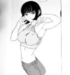  1girl bad_id bad_pixiv_id black_hair breasts closed_mouth collar dende_(dndn222) greyscale highres large_breasts light_smile looking_at_viewer monochrome navel nike_(company) original pants scan scan_artifacts short_hair solo sports_bra standing stomach traditional_media 