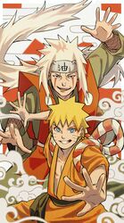  2boys absurdres alternate_costume blonde_hair blue_eyes facial_mark forehead_protector highres japanese_clothes jiraiya_(naruto) kimono long_hair looking_at_viewer multiple_boys naruto naruto_(series) open_mouth orange_kimono pnpk_1013 short_hair spiky_hair uzumaki_naruto whisker_markings white_hair 