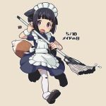  1girl alternate_costume animal_ears apron black_footwear black_hair blue_dress brown_background commentary_request dated dress enmaided fang fox_ears fox_girl fox_tail frilled_apron frills full_body holding kukuri_(mawaru) looking_at_viewer maid maid_apron maid_day maid_headdress mawaru_(mawaru) mop open_mouth original pleated_dress puffy_short_sleeves puffy_sleeves shoe_soles shoes short_sleeves simple_background solo tail thigh-highs translation_request violet_eyes white_apron white_thighhighs 