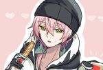  1boy 66_(roro) beanie food food_request gloves green_eyes hat headphones heart highres holding holding_food hood hoodie ichika_shiiro male_focus open_mouth pink_background pink_hair short_hair vocaloid vy2 