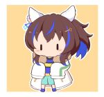  1girl animal_ears blue_footwear blue_hair blue_shirt blue_shorts blush_stickers borrowed_clothes brown_background brown_hair chibi daitaku_helios_(umamusume) full_body fur-trimmed_jacket fur_trim gomashio_(goma_feet) hair_ornament hairclip horse_ears jacket long_sleeves looking_at_viewer multicolored_hair open_clothes open_jacket outline shirt shoes shorts side_ponytail simple_background sleeves_past_fingers sleeves_past_wrists solo standing star_(symbol) star_hair_ornament streaked_hair striped_clothes striped_shirt umamusume white_jacket white_outline |_| 