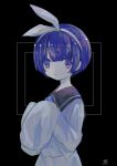  1girl ascot black_background black_sailor_collar blue_ascot blue_eyes blue_hair bow closed_mouth dress expressionless hairband highres indie_utaite looking_at_viewer pale_skin sailor_collar sailor_dress short_hair signature sleeves_past_fingers sleeves_past_wrists solo square umino_mozuku unnamed_girl_(x0o0x) utaite very_long_sleeves white_bow white_hairband 