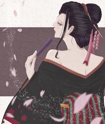  1girl black_hair black_kimono blue_eyes commentary falling_petals geisha hair_ornament hand_fan highres holding holding_fan japanese_clothes kanzashi kimono looking_back mino_(mii_mt) nico_robin obi one_piece petals pink_petals red_lips sash sidelocks solo upper_body 