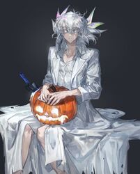 1boy bed_sheet carving dress_shirt facial_tattoo food fudo_yusei grey_background highres holding holding_food holding_pumpkin holding_vegetable lab_coat looking_at_viewer male_focus mokopuru monochrome on_bed planted planted_shovel pumpkin reflection shirt shovel sitting smile spiky_hair tattoo vegetable white_eyes white_hair white_shirt yu-gi-oh! yu-gi-oh!_5d's 