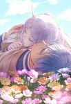  1boy 1girl blue_hair blue_sky blue_tunic capelet closed_eyes clouds crowdance elf flower frieren grass highres himmel_(sousou_no_frieren) lying mole mole_under_eye on_back on_stomach parted_bangs pointy_ears sky sleeping sousou_no_frieren twintails white_capelet white_hair 