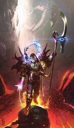  1boy armor blade_of_ahn_nunurta blade_of_magnus emperor&#039;s_children gold gold_jewelry highres horned_armor ibrahem_swaid lava magnus_the_red one-eyed ornate ornate_armor primarch the_crown_of_the_crimson_king thousand_sons warhammer_40k 