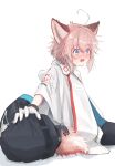  1girl absurdres animal_ears arknights blue_eyes blush cross doctor_(arknights) fox_ears genjaku gloves hand_on_another&#039;s_head highres lying messy_hair red_cross short_hair sussurro_(arknights) tail white_gloves 