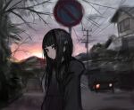  1girl arms_at_sides black_eyes black_hair black_hoodie blunt_bangs blush car chuhaibane closed_mouth clouds cloudy_sky evening expressionless from_side highres hood hood_down hoodie house long_hair looking_at_viewer motor_vehicle one_side_up original outdoors power_lines road_sign sidelocks sign sky solo upper_body utility_pole 