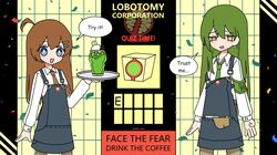  1boy 1girl ahoge apron blue_apron blue_eyes bright_pupils brown_hair brown_necktie confetti cowboy_shot cup distress_hand_signal enkephalin_(project_moon) green_hair highres hod_(project_moon) holding holding_tray lobotomy_corporation lobotomy_corporation_logo long_hair looking_at_viewer mesmerizer_(vocaloid) necktie netzach_(project_moon) open_mouth ori_oriio project_moon smile tray very_long_hair white_pupils yellow_background yellow_eyes 