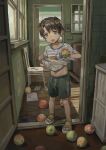  1boy animal_ears blue_eyes brown_hair chair child dog_ears food fruit full_body highres holding holding_food holding_fruit indoors kemonomimi_mode looking_at_viewer male_focus navel original sandals shirt short_hair short_sleeves shorts solo standing striped_clothes t-shirt take_no_(xtc65_0) white_shirt 