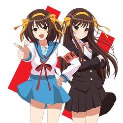  2girls :d armband belt blazer blue_belt blue_sailor_collar blue_skirt bow bowtie breasts brown_eyes brown_hair brown_jacket brown_skirt buttons closed_mouth collarbone collared_shirt commentary_request crossed_arms dual_persona h hair_ribbon hairband hand_on_own_hip highres jacket jamie_(mingjia84849364) kita_high_school_uniform kouyouen_academy_school_uniform long_hair long_sleeves looking_at_viewer medium_hair multiple_girls official_alternate_costume official_alternate_hair_length official_alternate_hairstyle open_mouth pink_bow pink_bowtie red_armband ribbon sailor_collar school_uniform serafuku shirt simple_background skirt smile standing suzumiya_haruhi suzumiya_haruhi_no_shoushitsu suzumiya_haruhi_no_yuuutsu tongue translation_request white_background white_shirt winter_uniform yellow_hairband yellow_ribbon 