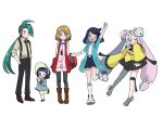  5girls ;d arm_up arms_behind_back bare_shoulders black_hair black_necktie black_thighhighs blonde_hair blue_eyes blue_hair blue_jacket blush_stickers bow-shaped_hair brown_footwear character_hair_ornament closed_eyes collared_shirt dress full_body green_hair grey_pantyhose hair_ornament hairclip hand_in_pocket highres iono_(pokemon) jacket leg_up liko_(pokemon) long_hair looking_at_another looking_at_viewer miin_(toukotouya) multiple_girls necktie one_eye_closed open_clothes open_jacket open_mouth pants pantyhose pink_dress pink_hair pokemon pokemon_(anime) pokemon_horizons pokemon_sv pokemon_xy_(anime) ponytail poppy_(pokemon) rika_(pokemon) serena_(pokemon) sharp_teeth shirt shoes short_hair shorts single_leg_pantyhose sleeves_past_fingers sleeves_past_wrists smile suspenders teeth thigh-highs thigh_strap twintails very_long_hair white_background white_footwear white_shirt yellow_jacket 