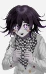  +_+ 1boy arm_belt bad_id bad_twitter_id belt black_scarf blush_stickers buttons checkered_clothes checkered_scarf clenched_hands crest danganronpa_(series) danganronpa_v3:_killing_harmony double-breasted excited highres ie_(kshgnhg) jacket layered_sleeves long_sleeves looking_at_viewer male_focus multicolored_buttons oma_kokichi open_mouth pale_skin purple_hair scarf simple_background smile solo sparkling_eyes teeth two-tone_scarf upper_body violet_eyes white_background white_belt white_jacket white_scarf white_sleeves 