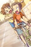  1boy 1girl angry bicycle bicycle_basket blue_eyes blue_shorts blush_stickers brown_hair child green_eyes grey_hair hand_on_another&#039;s_shoulder highres jkt_(sheltem) looking_at_another looking_back open_mouth original outdoors pointing red_shirt riding riding_bicycle road shirt shoes short_hair shorts sunset teeth upper_teeth_only v-shaped_eyebrows white_footwear yellow_shirt 